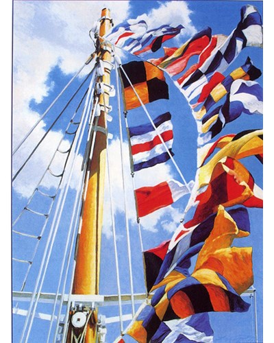 ציור שמן תורן סירה ודגלים מתנופפים